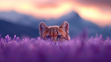  a fox in a field of purple flowers at sunset, with a blurred background The fox is in the center of the image, surrounded by the vibrant purple flowers