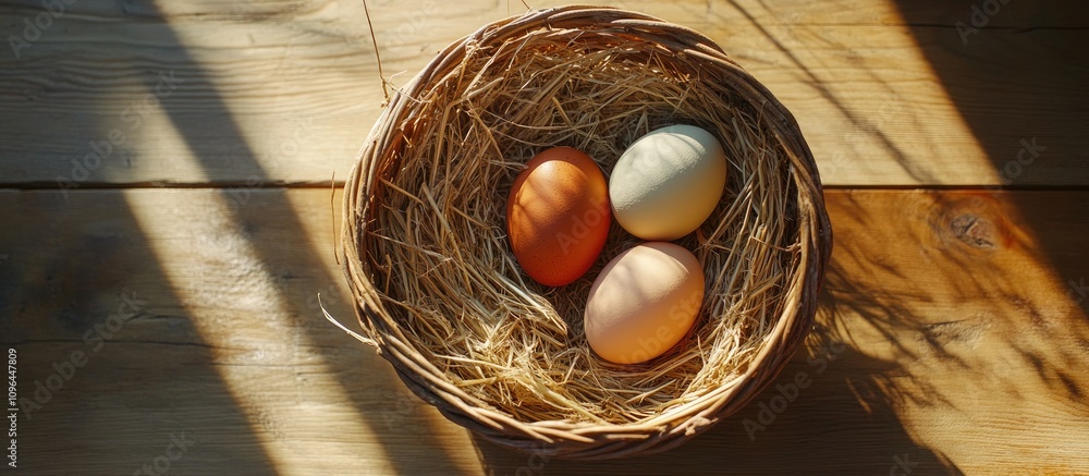 Poster aerial view of a rustic basket filled with natural straw and three colored eggs casting shadows on a