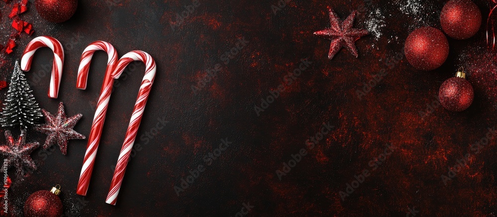 Poster christmas flat lay with candy canes ornaments and decorations on dark background leaving ample space