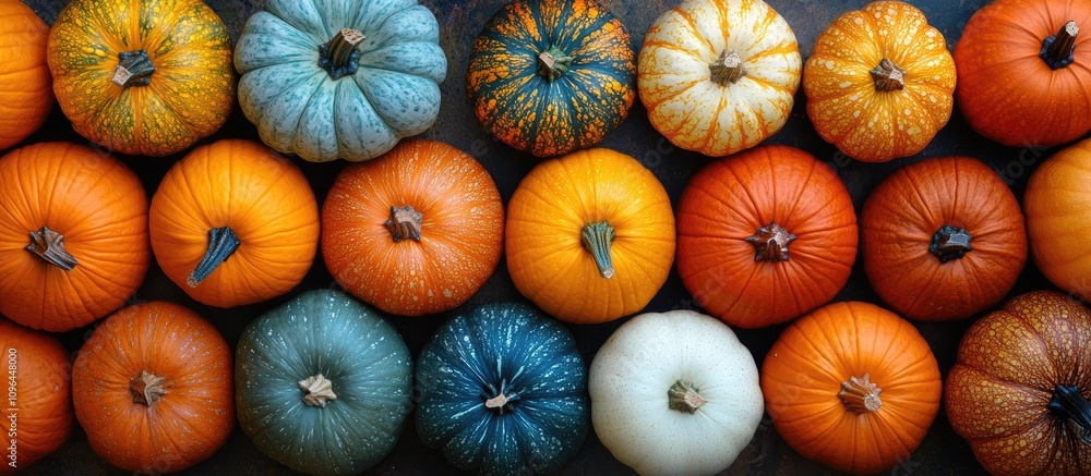 Poster diverse assortment of colorful pumpkins arranged in a visually appealing pattern perfect for autumn 