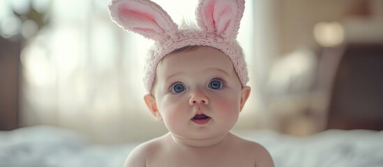 Cute infant wearing pink bunny ears with wide blue eyes, captivating expression in a soft and bright atmosphere. Perfect for seasonal promotions.