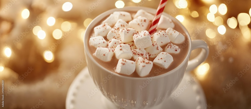 Aufkleber Festive cup of cocoa with marshmallows and a candy cane on a white stand surrounded by soft blurred holiday lights for winter cheer