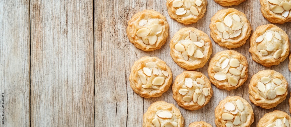 Aufkleber Chinese almond cookies arranged on a light wood surface with natural textures creating an inviting and appetizing display.