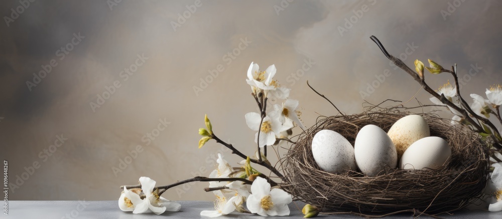Poster spring holiday card design with decorative eggs in a nest surrounded by blooming willow branches and