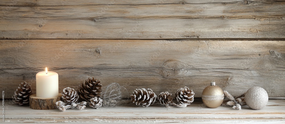Poster rustic wooden backdrop with christmas decorations and empty space for festive text or holiday messag