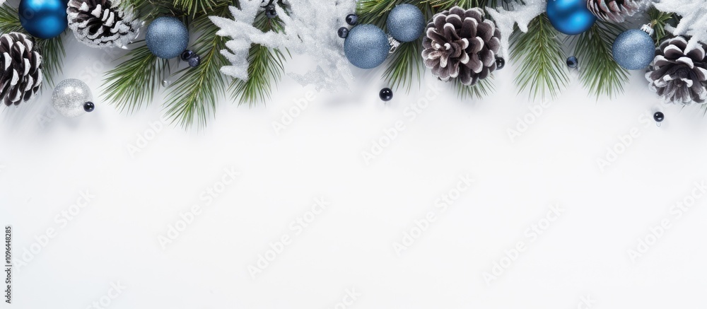 Aufkleber christmas frame border with blue silver ornaments pine branches and berries on a white backdrop flat