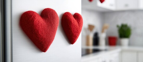 Handmade red felt heart magnets on refrigerator door in a bright kitchen cheerful DIY home decoration with space for text