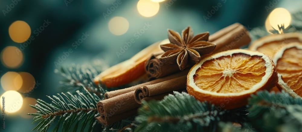 Poster Cinnamon sticks star anise dried orange slices and pine branch on a blurred background with sparkling lights creating a festive atmosphere