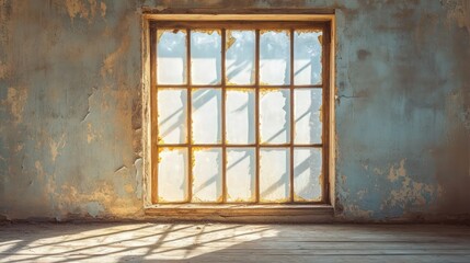 Fototapeta premium Old industrial window with multiple panes allows warm golden sunlight to stream into a rustic room for an interior design concept.