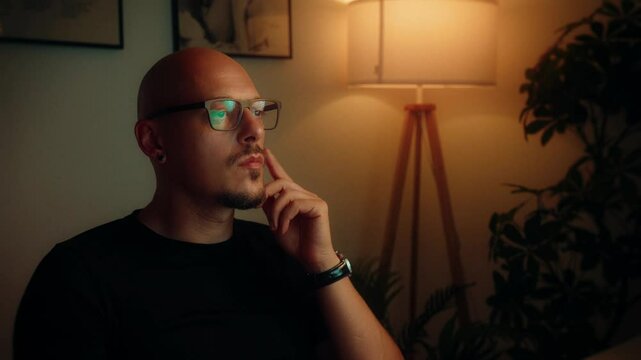 A man wearing glasses and a black shirt sitting in fron of monitor in a warmly lit room with a lamp and indoor plants in the background.