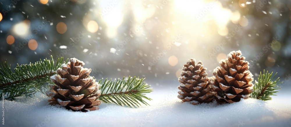 Aufkleber christmas winter scene with spruce branches and pine cones on a snowy background illuminated by soft