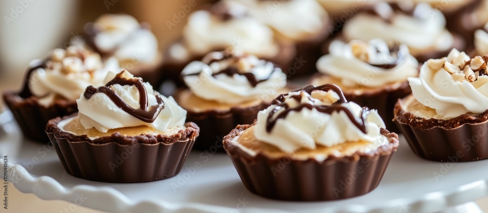 Aufkleber chocolate tartlets filled with nut cream topped with whipped cream and chocolate drizzle on a decora