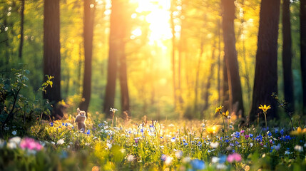 Obraz premium A serene forest scene illuminated by sunlight, featuring colorful wildflowers.