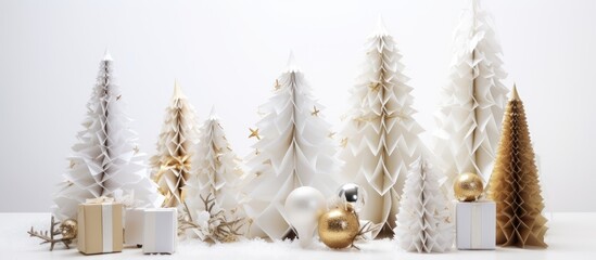 Fototapeta premium Eco friendly Christmas decorations with zero waste packaging featuring white trees and gold accents on clean white backdrop