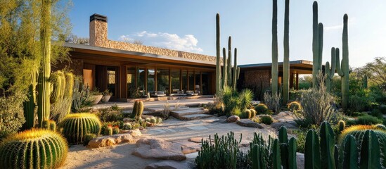 Modern safari lodge with a stunning cactus garden showcasing desert landscaping and natural architecture under clear blue skies