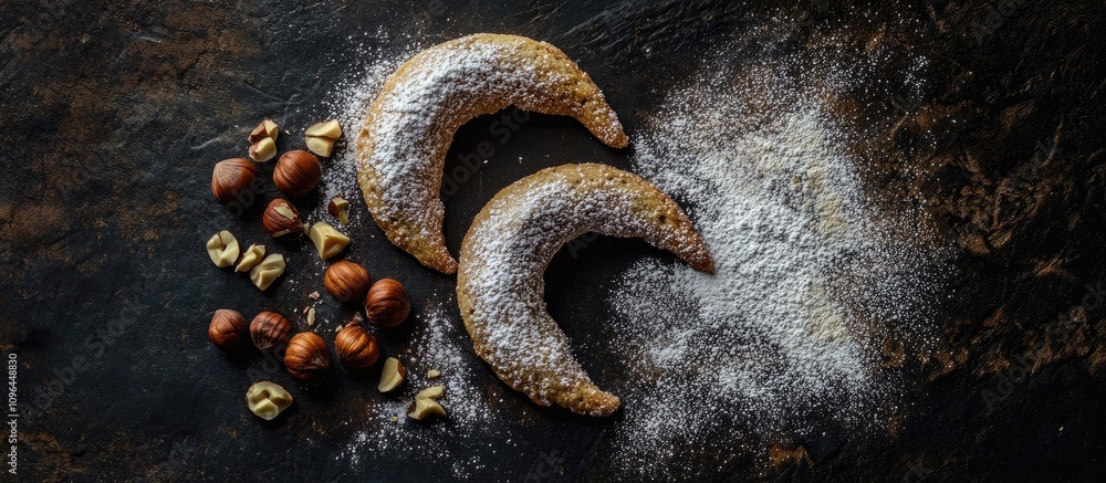 Poster Crescent shaped cookies dusted with powdered sugar and hazelnuts on dark textured background arranged elegantly top view
