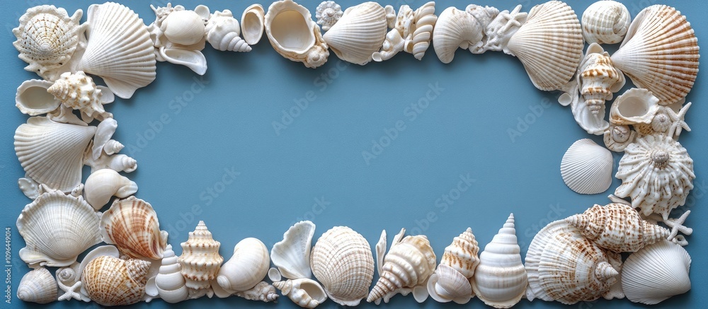 Poster Creative seashell frame with assorted white shells arranged on a blue background ideal for beach-themed designs and summer aesthetics.