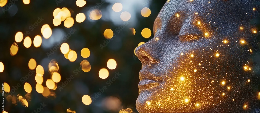 Poster Close up of a decorative head illuminated with soft lights against a blurred tree background creating a dreamy atmosphere