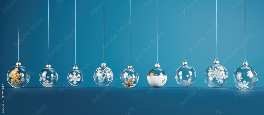Aufkleber christmas globes with intricate designs arranged in a row hanging against a vibrant blue background 