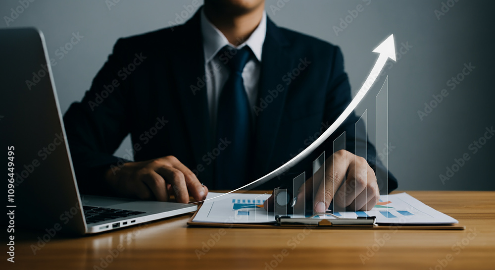Poster increasing product or service quality and optimizing costs to boost productivity. a businessman with