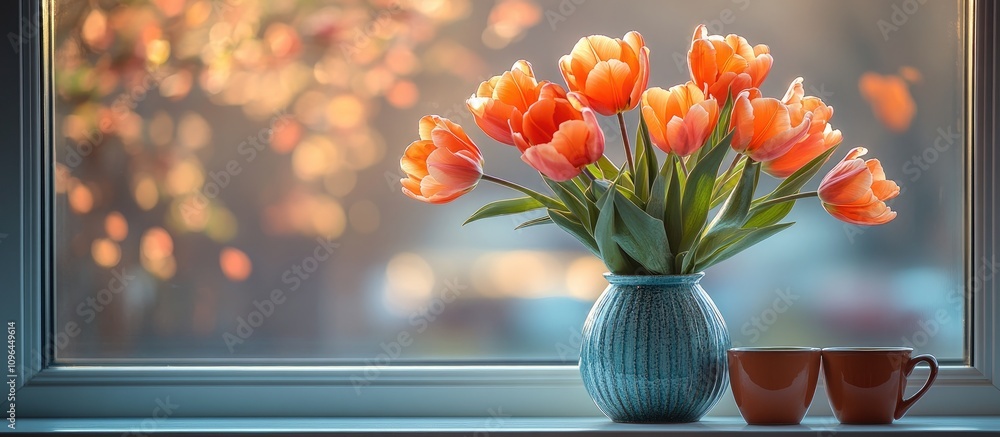 Aufkleber vibrant orange tulips in a vase on a sunlit windowsill with two elegant cups creating a cozy and inv