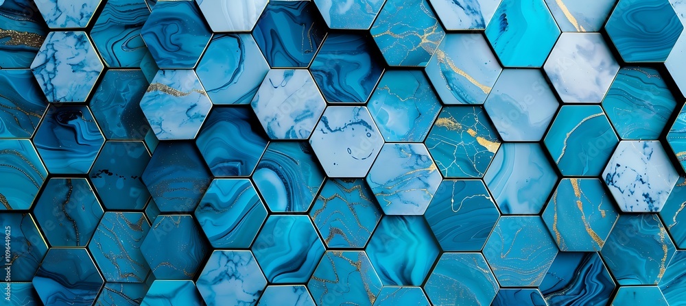Poster abstract blue geometric design with repeating hexagon patterns, ideal for technology or creative art