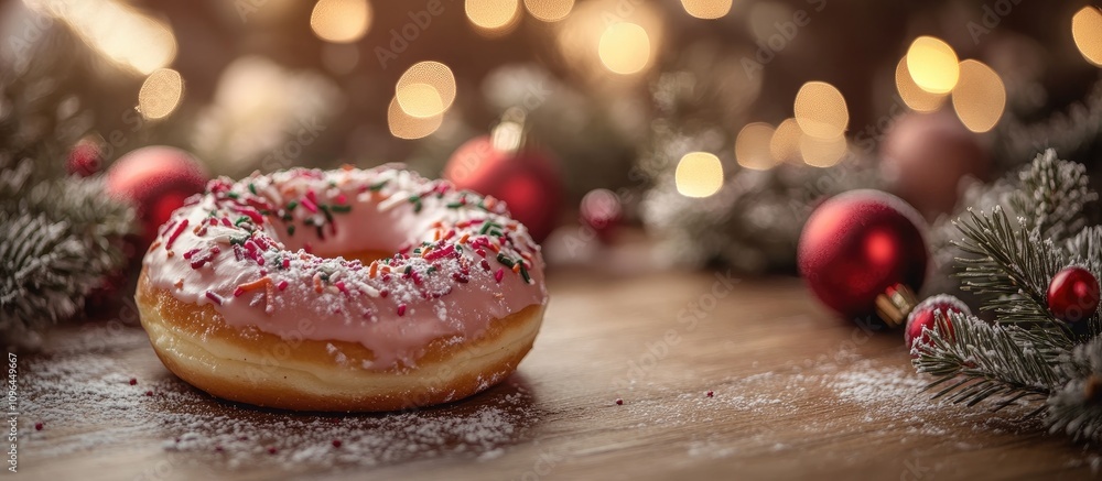 Poster festive christmas setting with a decorated donut surrounded by holiday ornaments and soft lights on 