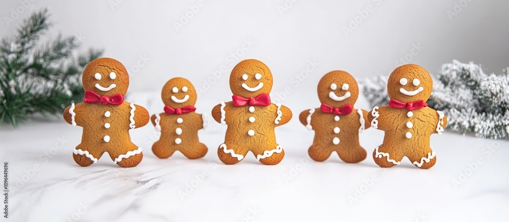 Poster gingerbread man decorations for christmas holiday displayed on a white surface with festive greenery
