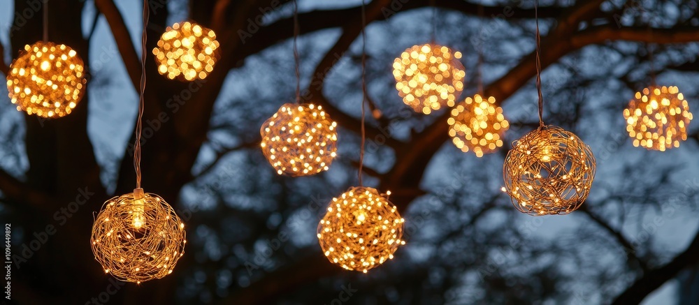 Aufkleber Decorative glowing lights suspended in the air illuminating a tree background during dusk creating a warm and festive atmosphere