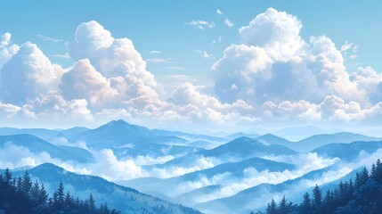 Obraz premium Serene mountain landscape with soft clouds and blue hues.