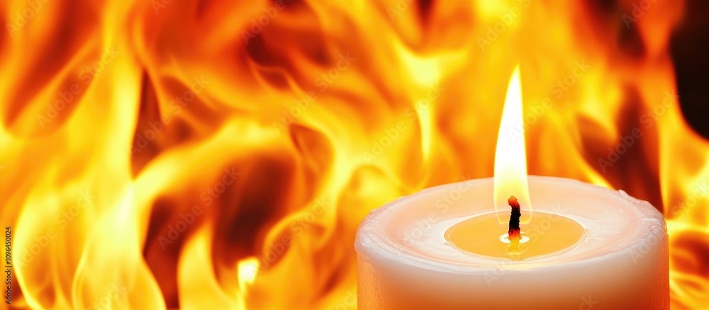 Poster macro shot of a single burning candle with a vibrant fire backdrop creating an intense and warm atmo