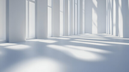 Obraz premium Sunlight streams into a minimalist white room, casting long shadows across the floor. A 3D rendering of modern architecture.