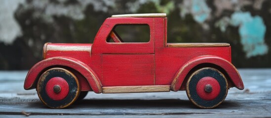 Vintage red wooden toy car showcasing traditional Ottoman craftsmanship against a rustic background...