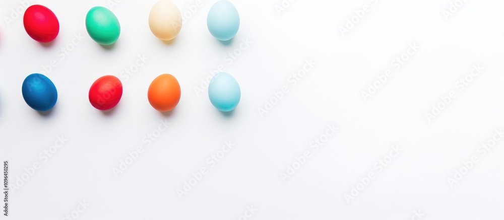 Poster vibrant assortment of colored easter eggs arranged on a white backdrop with ample empty space for se