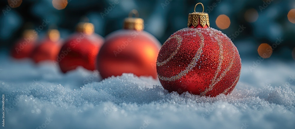 Poster christmas ornaments resting on snow with a blurred festive background creating a warm holiday atmosp