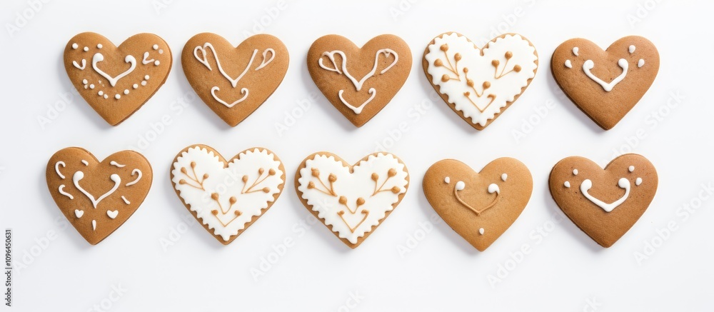 Aufkleber heart-shaped cookies decorated with white icing arranged on a clean white background for a festive o