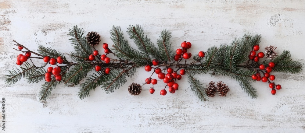 Poster christmas arrangement of fir branches and rowan berries with pine cones on a white wooden background