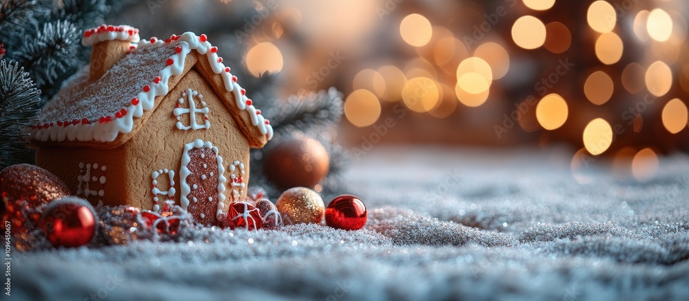 Aufkleber colorful gingerbread house surrounded by holiday decorations with a blurred bokeh background creatin
