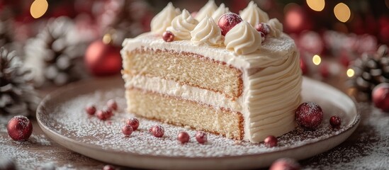 Naklejka premium Festive holiday cake with white chocolate icing and decorations showcasing a cozy winter atmosphere and seasonal embellishments