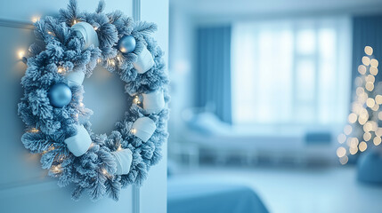 Hospital ward decorated for holidays, wreath pine branches bandages, Merry Christmas Happy New Year, banner copy space