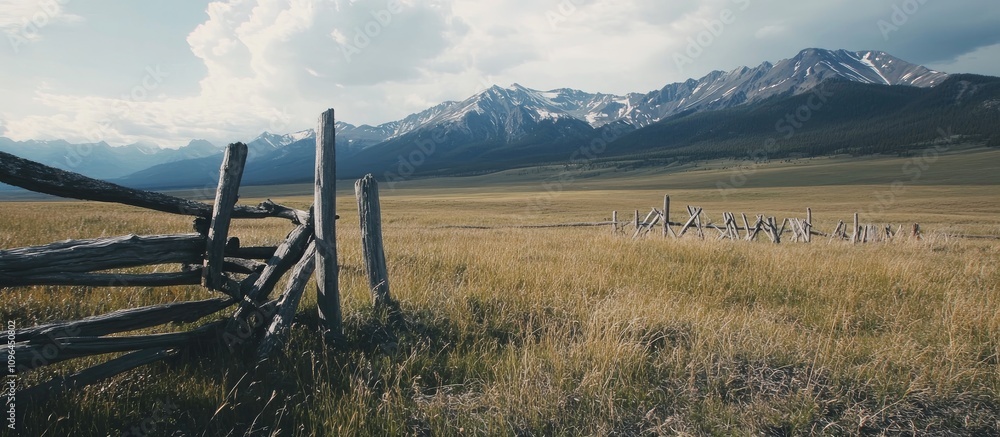Aufkleber logs and a rustic fence on a grassy field with majestic mountains in the background under a cloudy s