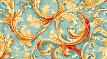 Abstract Swirling Gold and Orange Floral Design on Blue Background