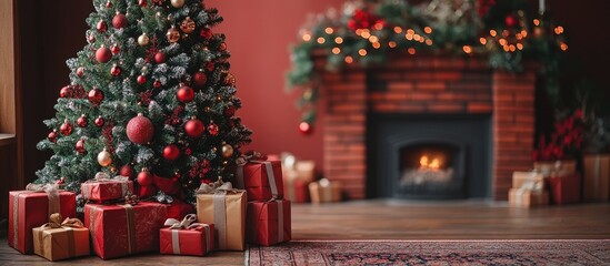 Festively decorated Christmas tree with presents and warm fireplace setting creating a cozy winter holiday atmosphere