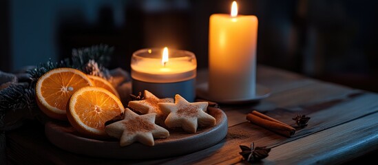 Naklejka premium Aromatic holiday setting with star-shaped cookies, orange slices, cinnamon, and anise illuminated by warm candlelight on a rustic wooden table