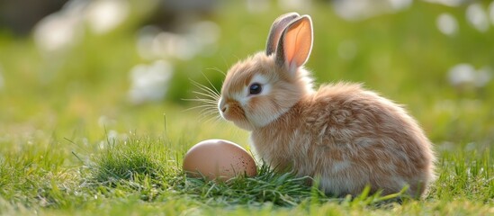 Fototapeta premium Easter Bunny surrounded by grass with an egg symbolizing joy and celebration of the Easter holiday season
