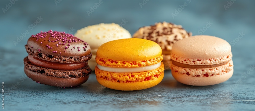 Poster colourful assortment of delicious macaroons displayed on a blue textured background showcasing their