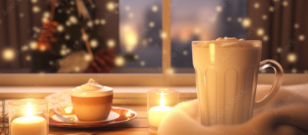 Poster cozy winter evening with glass of eggnog surrounded by candles and snowflakes creating a warm festiv