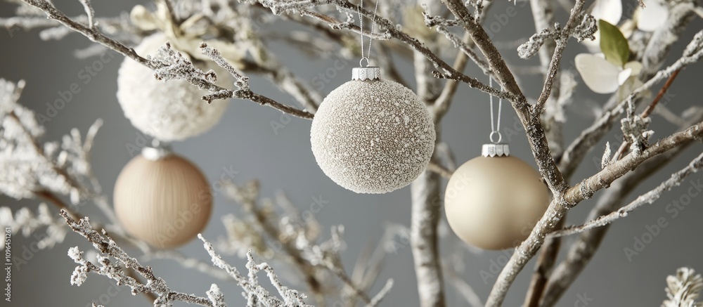 Aufkleber elegant close-up of a frosted tree adorned with delicate ornaments in neutral tones for a festive an