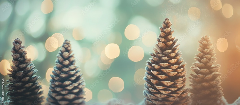 Poster soft focus bokeh effect of pine cones resembling trees with yarn wrapped bases creating a festive ce