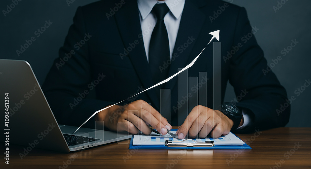 Poster increasing product or service quality and optimizing costs to boost productivity. a businessman with